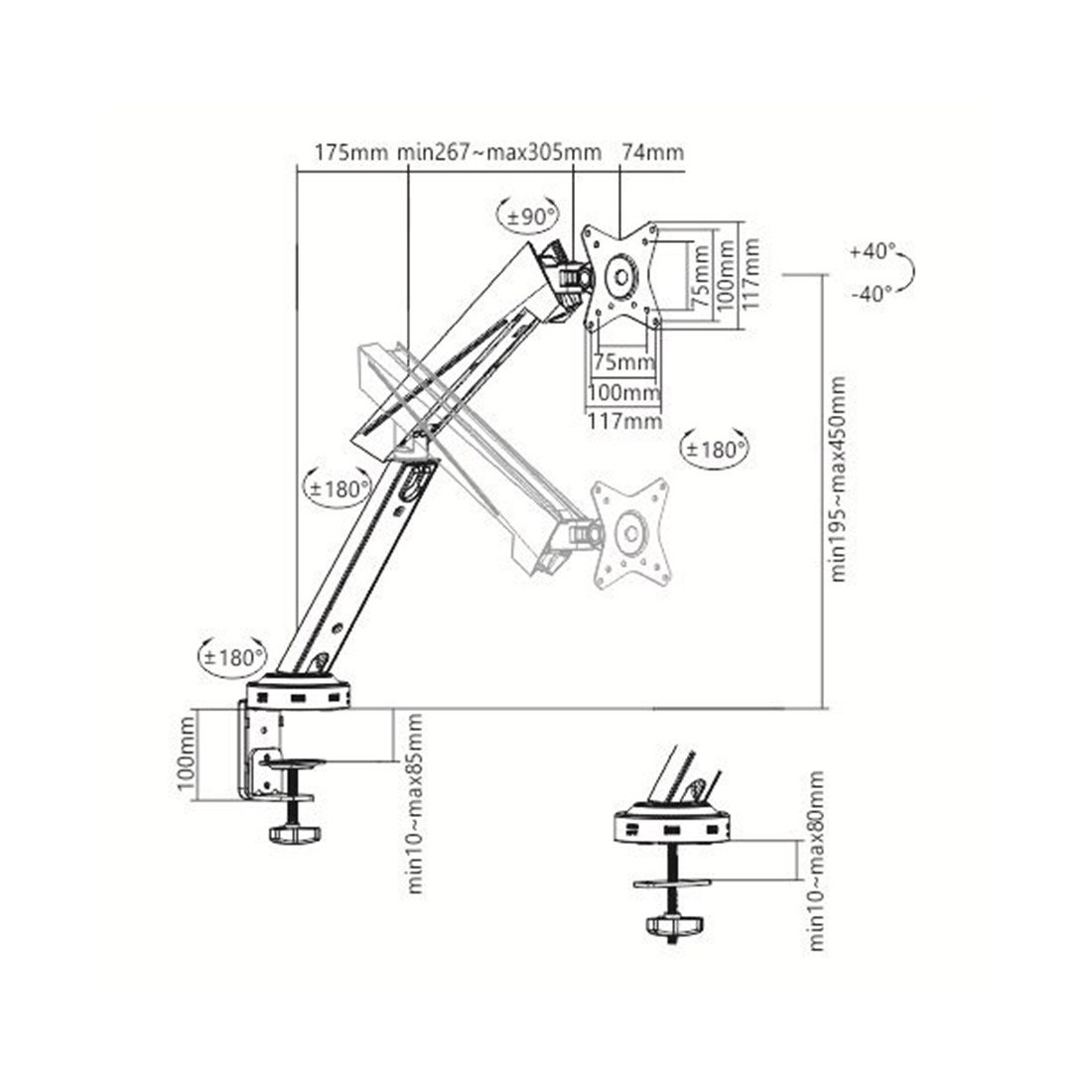 Настольный кронштейн с газлифтом Brateck LDT39-C012U RGB для 1 монитора (17"-32")