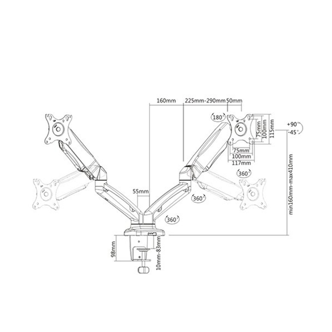 Настольный кронштейн с газлифтом Brateck LDT13-C024 для 2-х мониторов (13"-27")