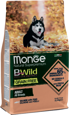 1716 Monge Grain Free All Breeds Adult Salmon, беззерновой корм для собак всех пород с лососем, уп.2,5кг.