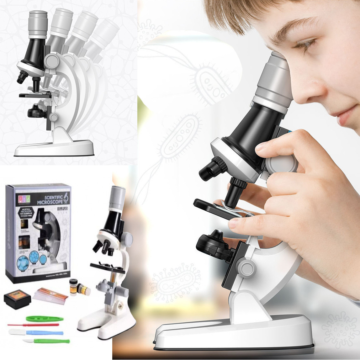 Детский Микроскоп с 3 объективами 1200х 400х 100х с приборами Scientific Microscope 1013A белый - фото 4 - id-p97419091