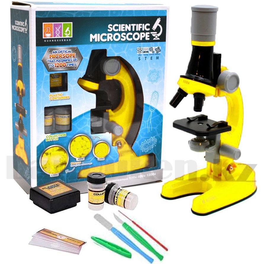 Детский Микроскоп с 3 объективами 1200х 400х 100х с приборами Scientific Microscope 1013A желтый