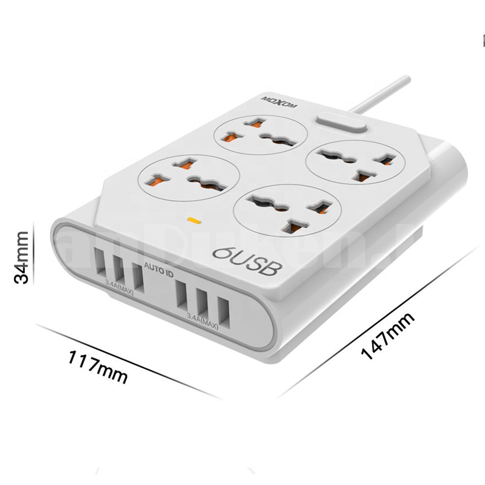 Удлинитель сетевой фильтр Moxom 4 розеток с защитным затвором 6 USB 1,5 м с кнопкой выключения KH 63Y белый - фото 2 - id-p97435163