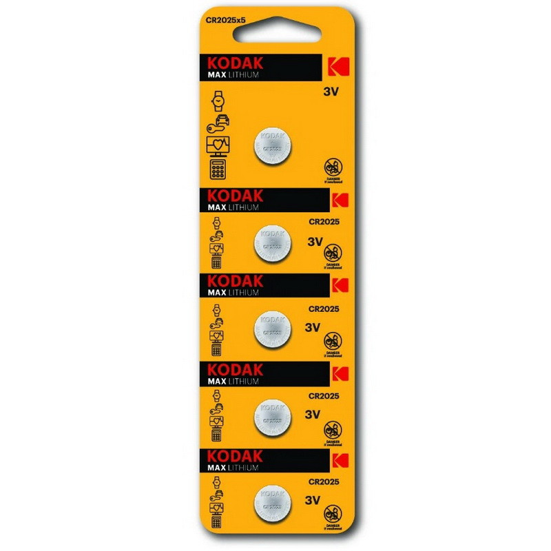 Батарейка литиевая Kodak Lithium, CR2025-BL5, 3В, блистер, цена за 1 шт.
