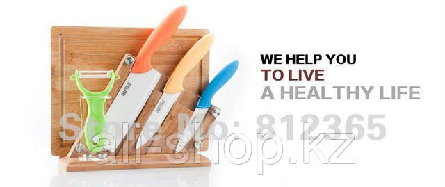 Набор керамических ножей на деревянной подставке с дощечкой - фото 1 - id-p97446762
