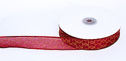 Декоративная лента из органзы полу-прозрачная с позолотой, красная, 3 см