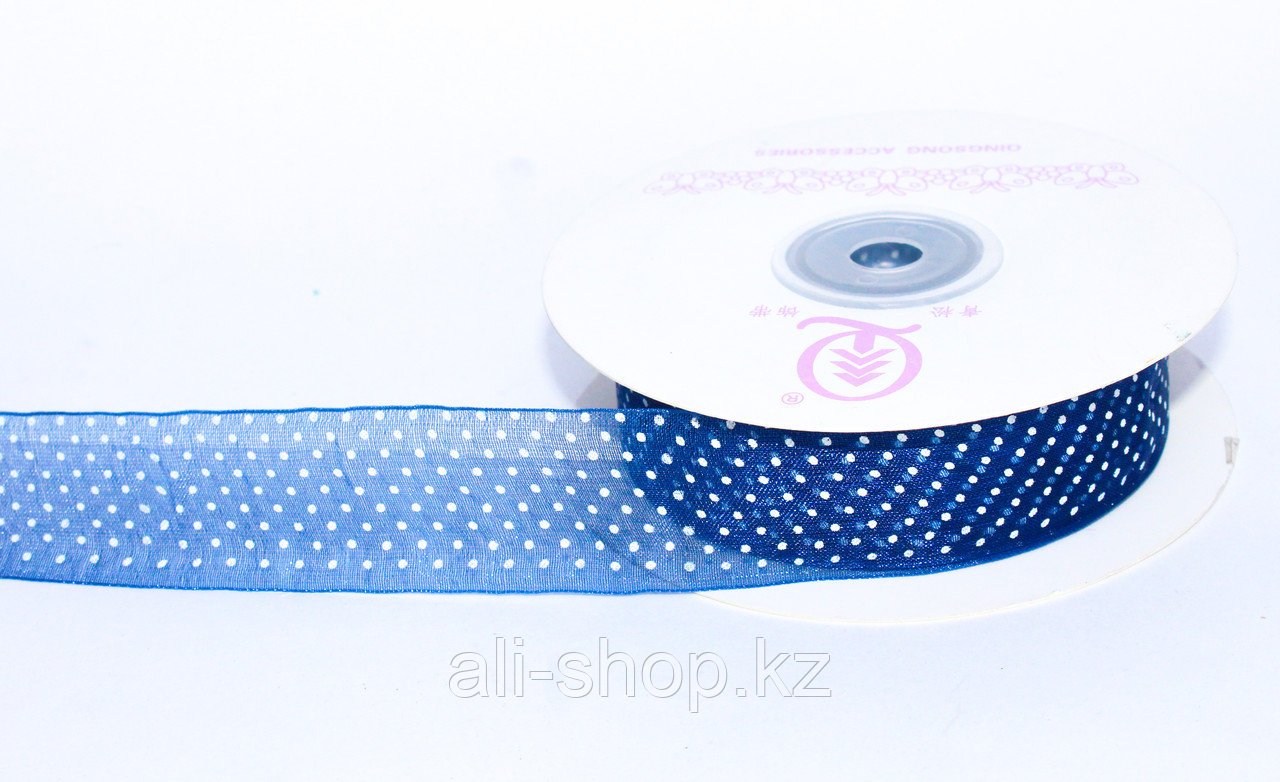 Декоративная лента из органзы полу-прозрачная, синяя в горошек, 3 см - фото 1 - id-p97450787