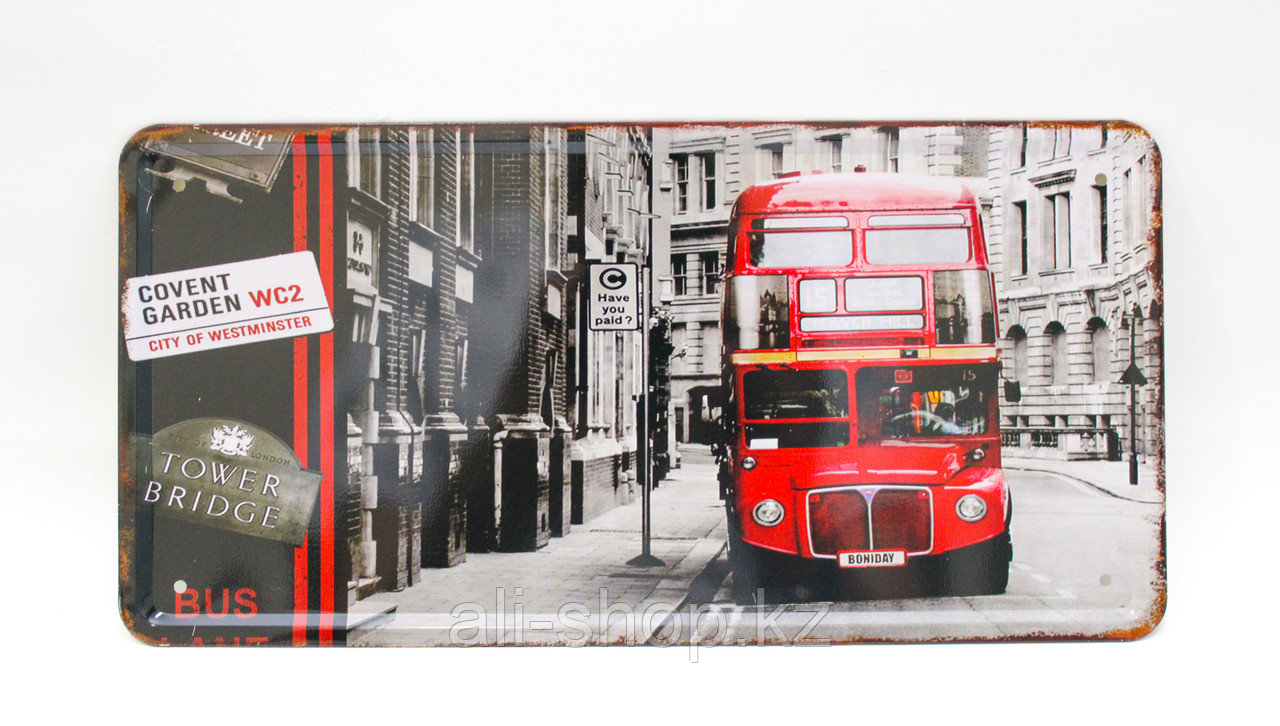 Декоративная жестяная табличка, "Red bus", 15*30 см - фото 1 - id-p97456325