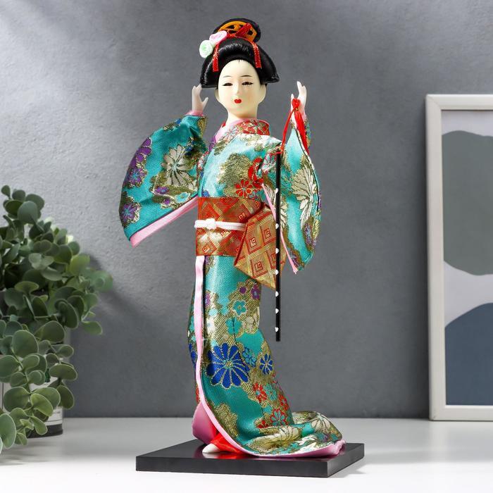 Кукла коллекционная "Гейша в бирюзовом кимоно с цветами" 32х13х13 см - фото 1