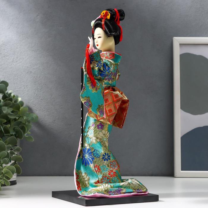 Кукла коллекционная "Гейша в бирюзовом кимоно с цветами" 32х13х13 см - фото 2