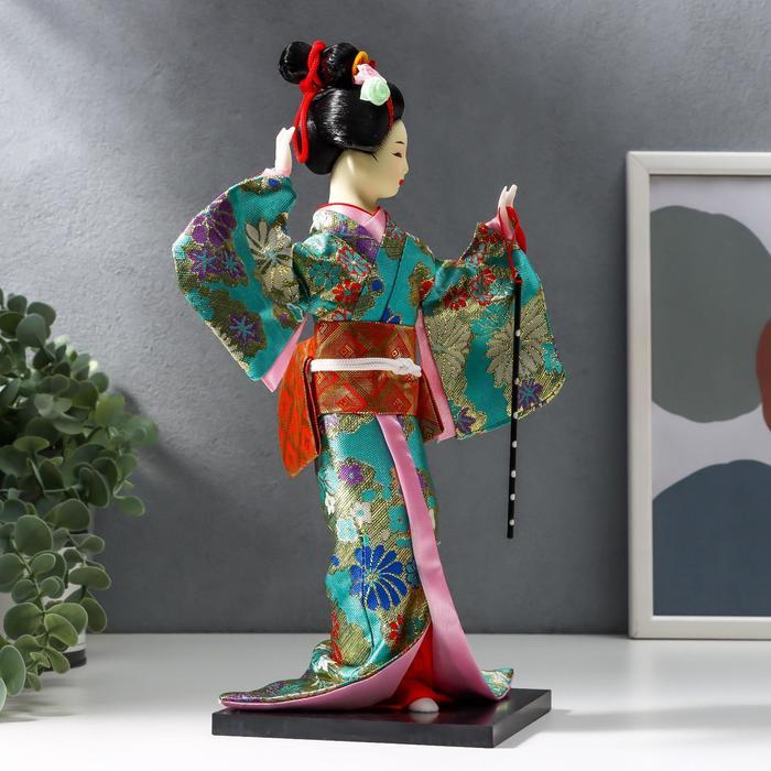 Кукла коллекционная "Гейша в бирюзовом кимоно с цветами" 32х13х13 см - фото 3