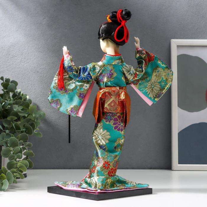 Кукла коллекционная "Гейша в бирюзовом кимоно с цветами" 32х13х13 см - фото 4