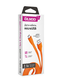 Кабель OLMIO USB 2.0 - microUSB, 1м, 2.1A, оранжевый, плоский