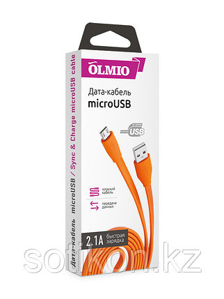 Кабель OLMIO USB 2.0 - microUSB, 1м, 2.1A, оранжевый, плоский, фото 2
