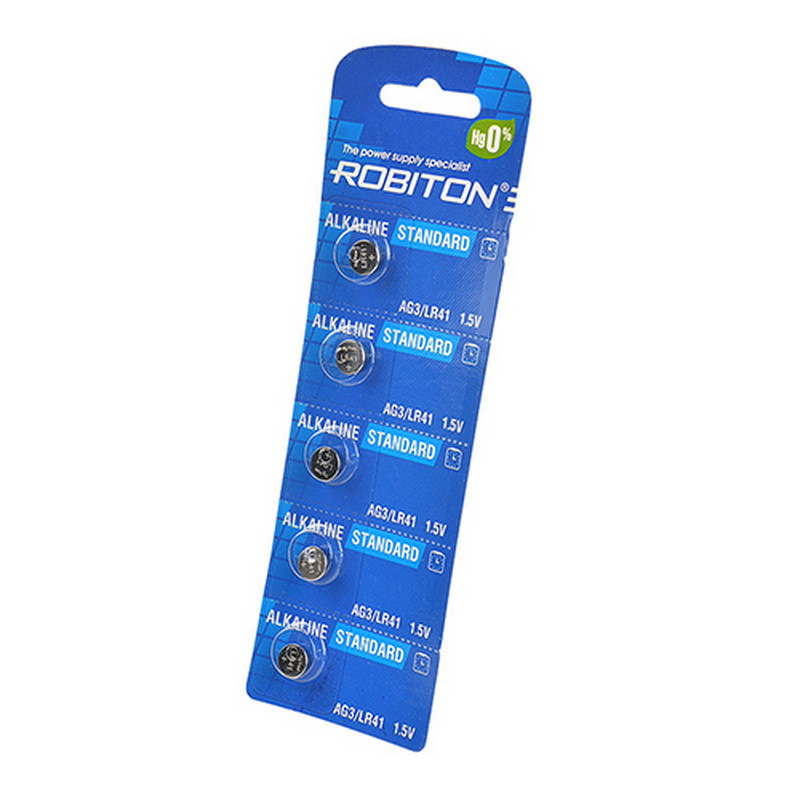 Батарейка алкалиновая Robiton STANDARD Alkaline, AG 3(LR41/392A)-BL5, 1.5В, блистер, цена за 1 шт.