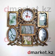 Фоторамка-коллаж Family на 6 фотографий с часами, пластик, бронзовая
