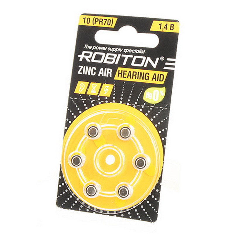 Батарейка цинковая Robiton HEARING AID, ZA10 (PR70)-6BL, для слуховых аппаратов, 1.45В, блистер, цена за 1 шт.