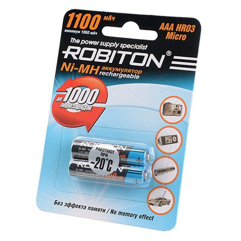 Аккумулятор Robiton_HR03/AAA 1100maH Ni-Mh BL2,  1,2В. блистер, цена за 1 штуку