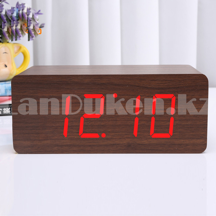 Настольные цифровые часы с будильником от сети и электрические с календарем под дерево коричневые - фото 9 - id-p83155790