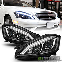 Передние фары на Mercedes-Benz S-Class W221 2006-09 дизайн W222 (Черный цвет)