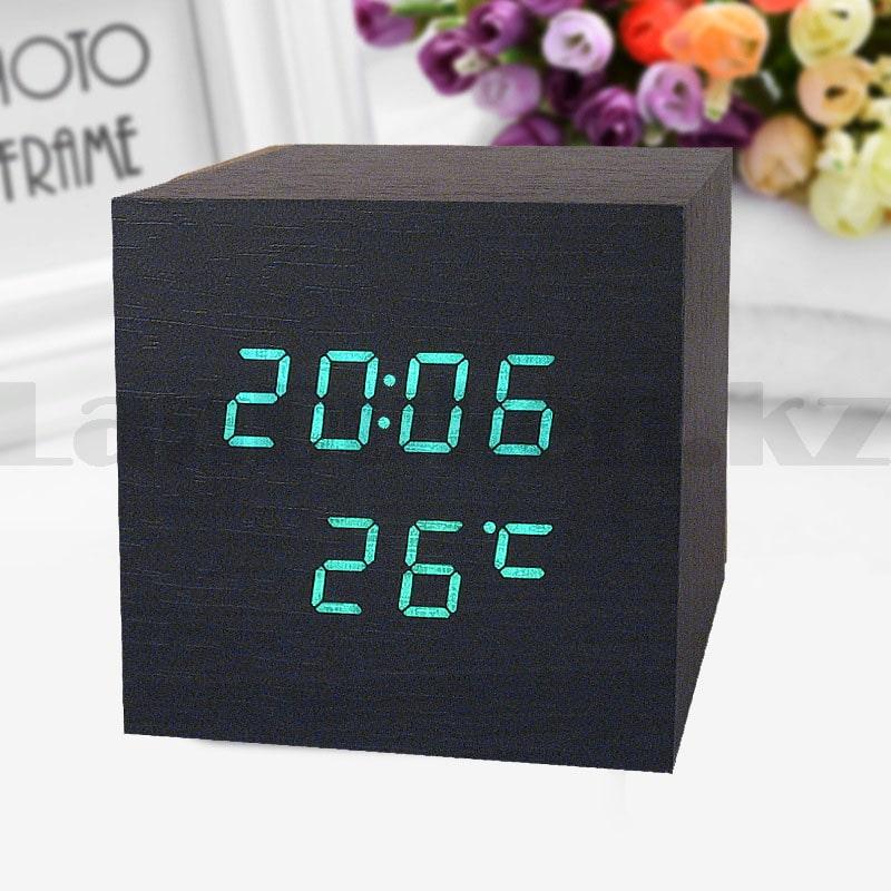 Настольные цифровые часы с будильником электрические с календарем под квадрат черные с зеленым циферблатом, фото 1