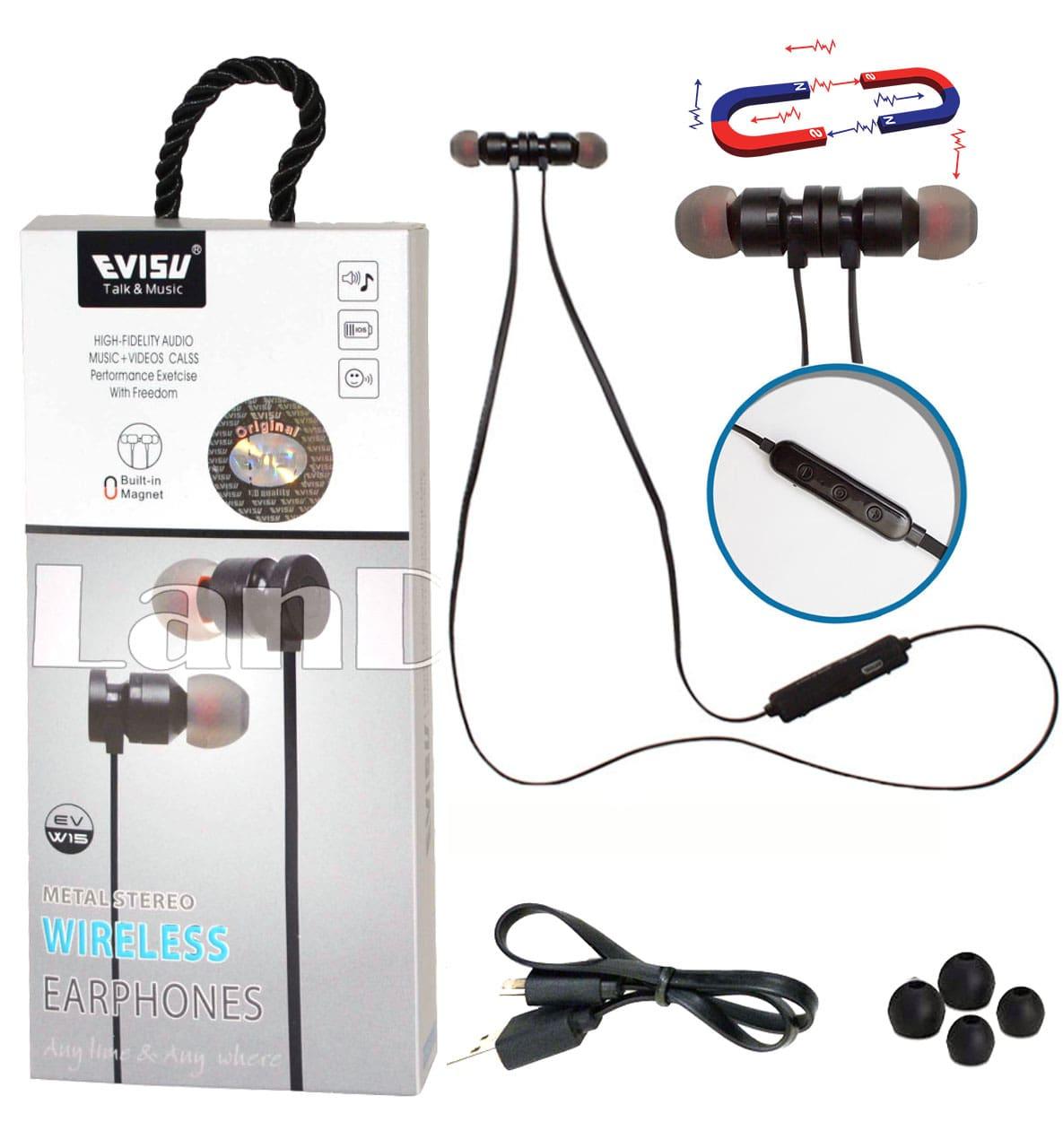 Спортивные Блютуз наушники Evisu W15 sports wireless earphones c магнитным креплением черные