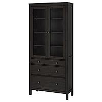 HEMNES ХЕМНЭС Шкаф-витрина с 3 ящиками, черно-коричневый,