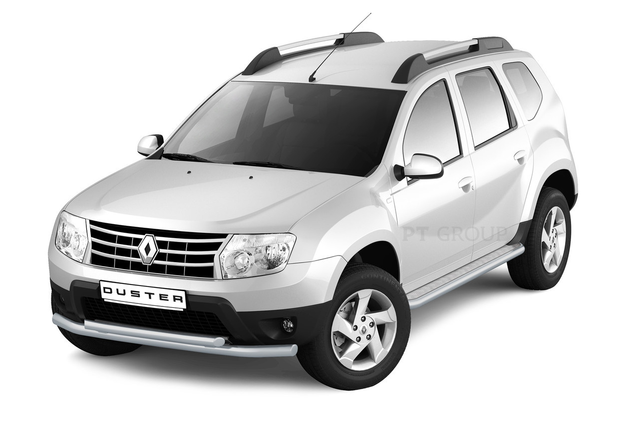 Защита порогов Эстонец 51мм (ППК) Renault DUSTER с 2012-2020 с алюм. площадкой Искра ( Серебристый)
