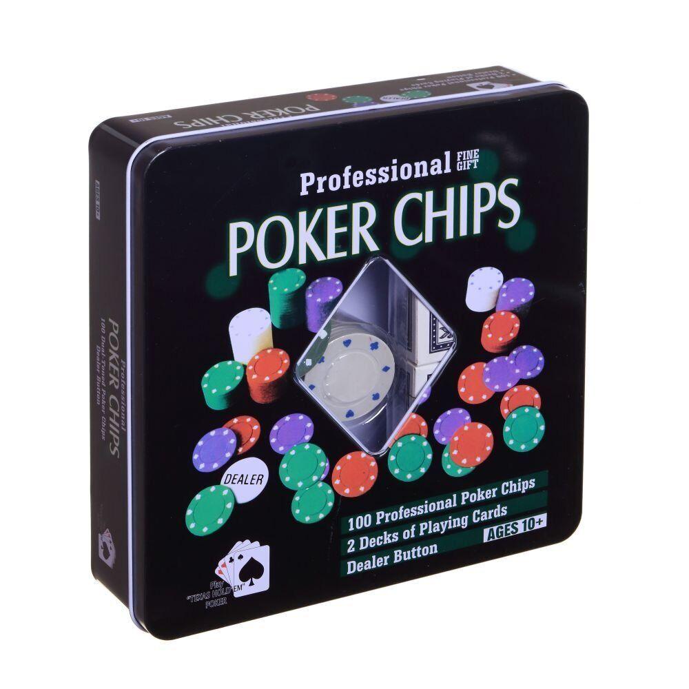 Набор для игры в покер из 100 фишек с картами в жестяной коробке Poker Chips