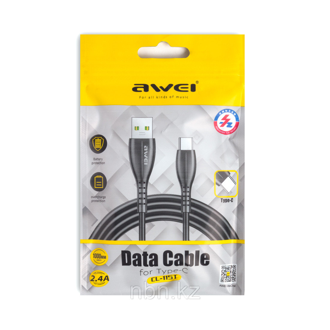 Интерфейсный кабель Awei Type-C CL-115T 2.4A 1m Чёрный - фото 1 - id-p97847264