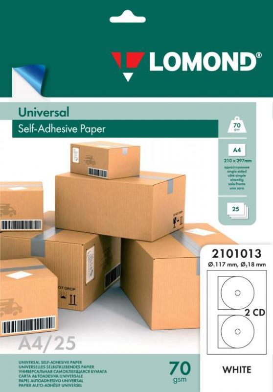 Бумага самоклеящаяся для CD A4 25л CD2(D-17/118мм) белая (унив.печать) Lomond 2101013