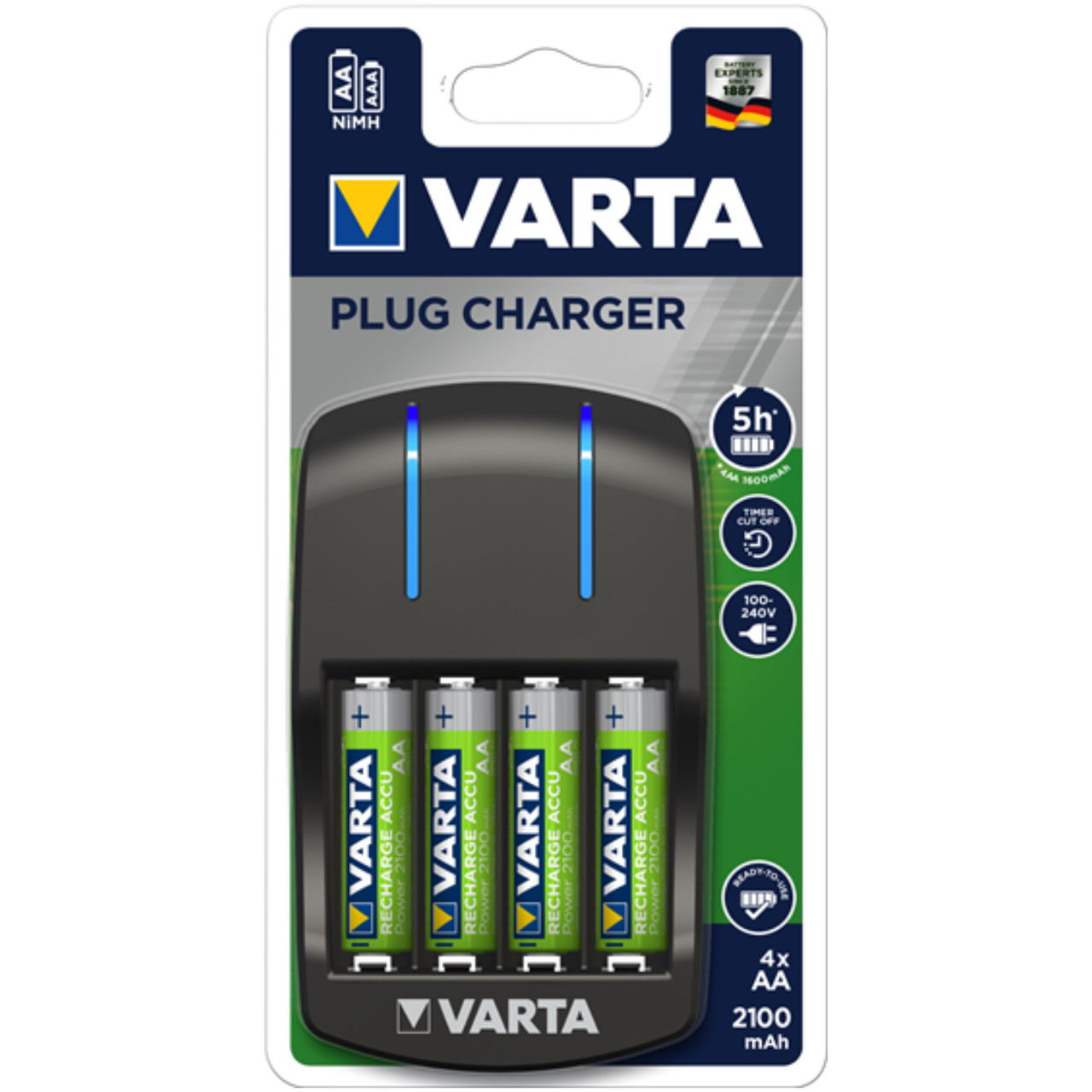 Зарядное устройство VARTA Plug Charger + 4AA 2100 mAh