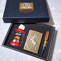 Бензиновая зажигалка 3 в 1: "Лошадь", бронзовый. Подарочная упаковка, мундштук., фото 1