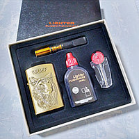 Бензиновая зажигалка 4 в 1: "Волк", бронзовый. Подарочная упаковка, мундштук, кремний,  бензин., фото 1