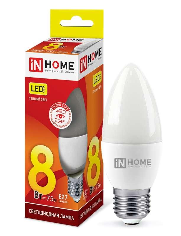 Лампа светодиодная In home LED-СВЕЧА-VC, 8 Вт, 230 В, E27, 3000К, 720лм