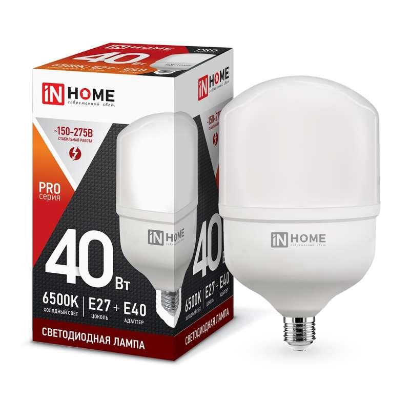 Лампа светодиодная In home LED-HP-PRO, 40 Вт, 230 В, 6500К, E 27, 3600лм, с адаптером, фото 1