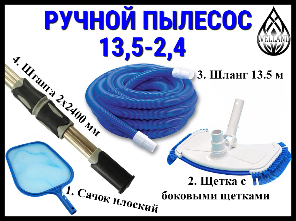 Комплект ручной пылесос 13,5-2,4 для ухода за бассейном (Сачок, щетка, шланг 13,5 м., штанга 2x2400 мм.) - фото 1 - id-p98066883