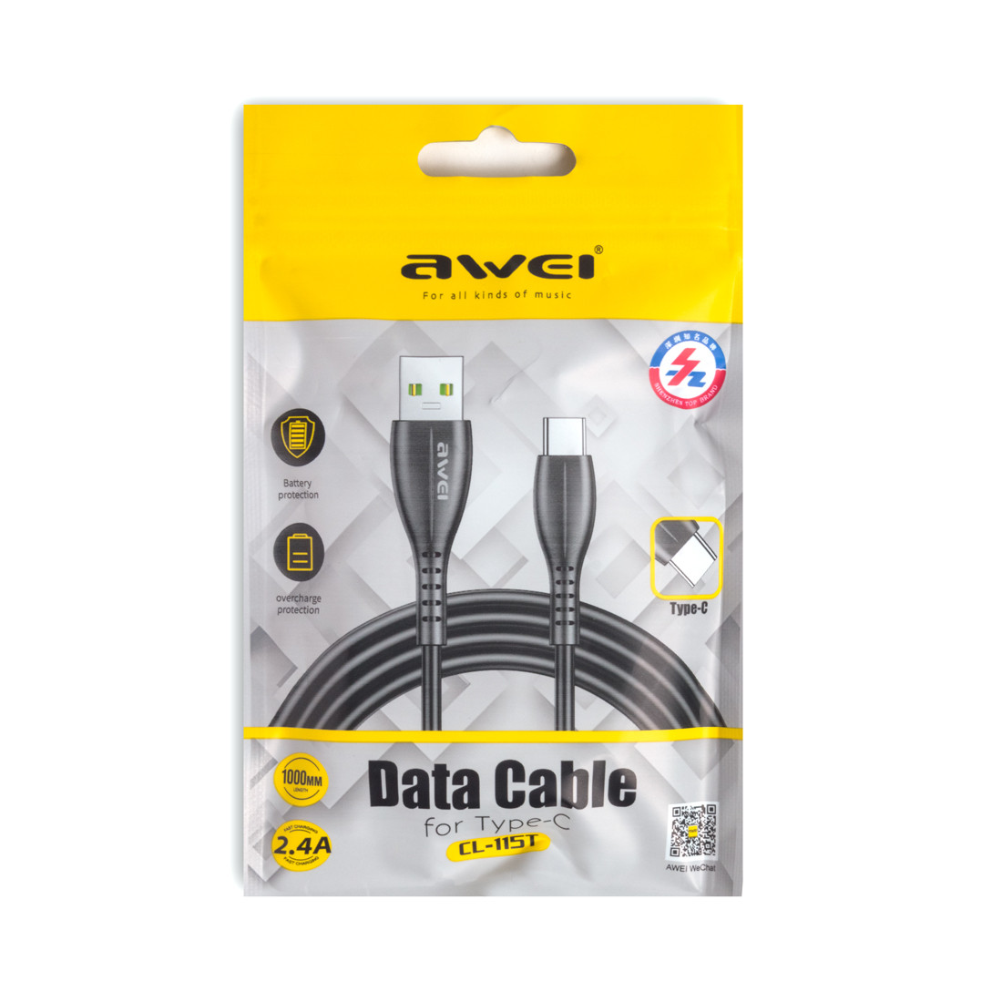 Интерфейсный кабель Awei Type-C CL-115T 2.4A 1m Чёрный - фото 1 - id-p98085610