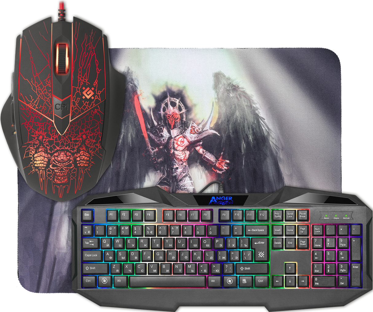 Игровой набор Defender Клавиатура + Мышь+Коврик Anger MKP-019 USB Оптическая мышь Черный 52019