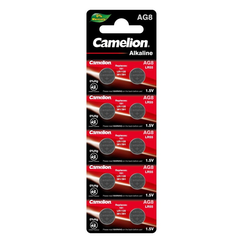 Батарейка алкалиновая Camelion Alkaline, AG 8(LR1120/391A)-BL10, 1.5В, блистер, цена за 1 шт.