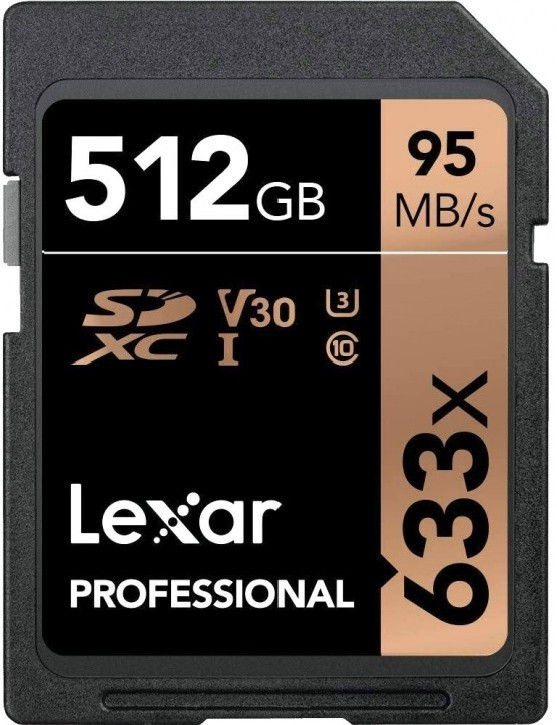 LEXAR 512GB Professional 633x SDXC UHS-I cards, up to 95MB/s read 45MB/s write C10 V30 U3 EAN: ‭843367110469‬