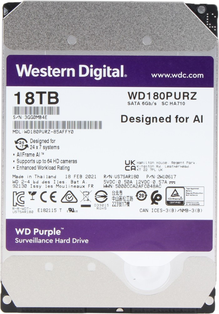 Жесткий диск WD Purple WD180PURZ 18ТБ 3,5" 7200RPM 512MB (SATA-III) DV&NVR с поддержкой аналитики данных (AI)