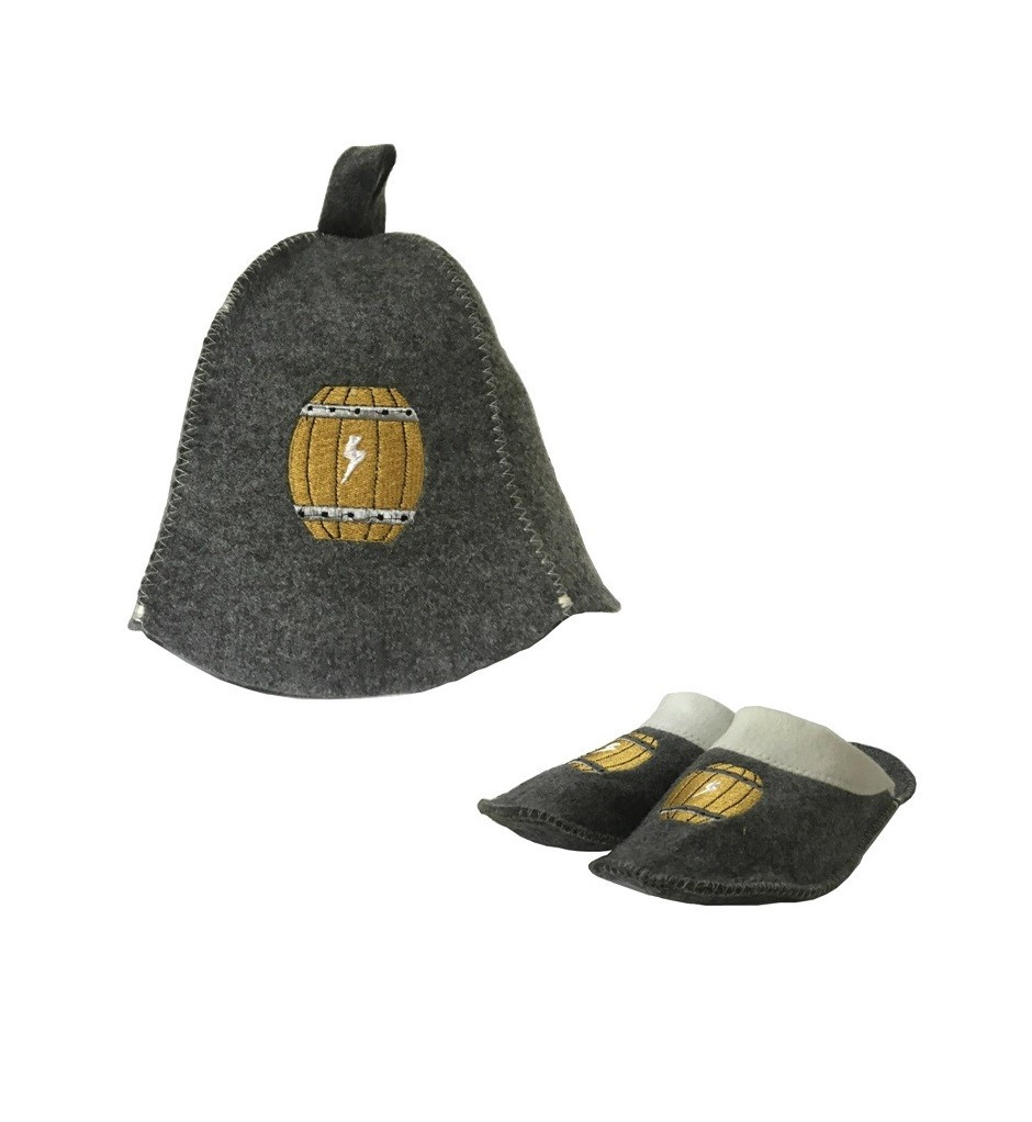Комплект №1 шапка банная+тапочки " Домашняя Винокурня" с бочкой