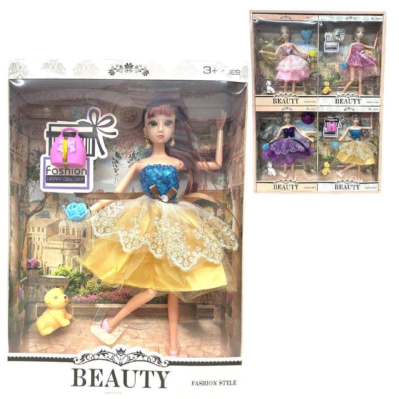 Немного помятая!!! D17-1846B Beauty кукла в нарядном платье с акссес. питомец 4вида из 4шт в уп, цена за 1шт 32*23см, фото 1