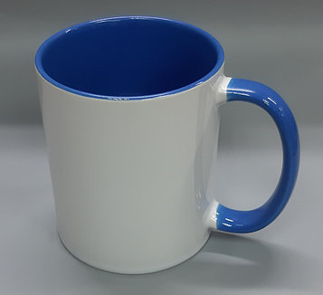 Кружка керамическая белая с голубой ручкой, под сублимацию.