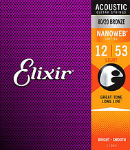 Комплект струн для акустической гитары, Light, бронза 80/20, 12-53, Elixir NANOWEB 11052