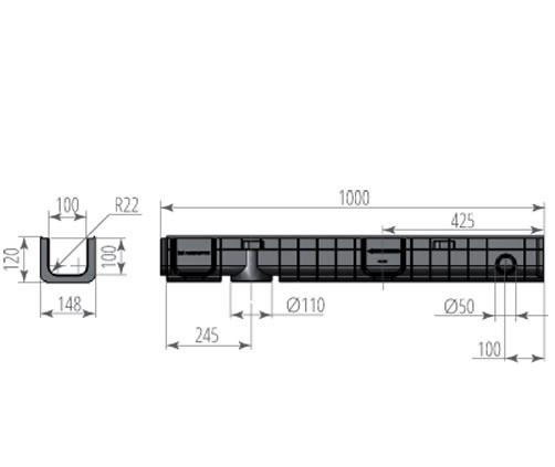 Водоотводный пластиковый лоток с чугунной решеткой и креплением в комплекте DN100 H120.
