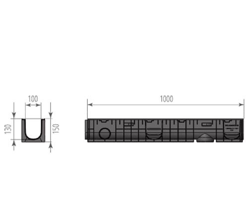 Водоотводный пластиковый лоток с чугунной решеткой и креплением в комплекте DN100 H150.