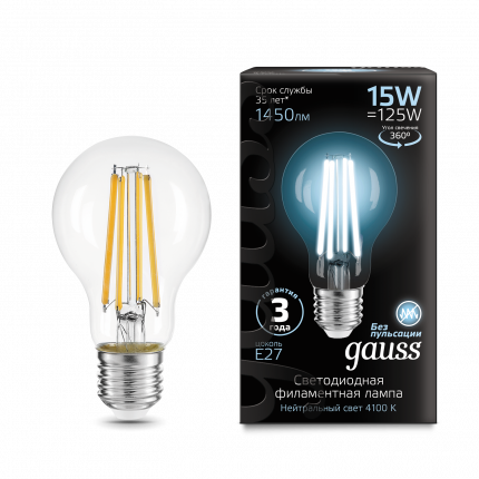 Лампа Gauss Filament А60 15W 1450lm 4100К Е27 LED - фото 1 - id-p98167127