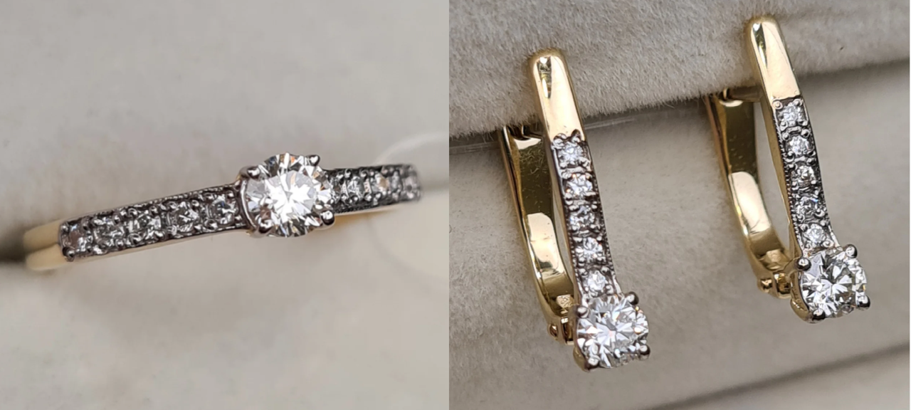 Золотой набор с бриллиантами (кольцо 0.275Сt VS1/H, серьги 0.46Ct VS1/H)