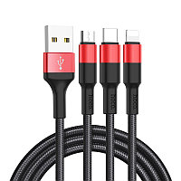 Кабель USB Hoco X26 3в1 Type-C+Micro+Lightning black&red, фото 1